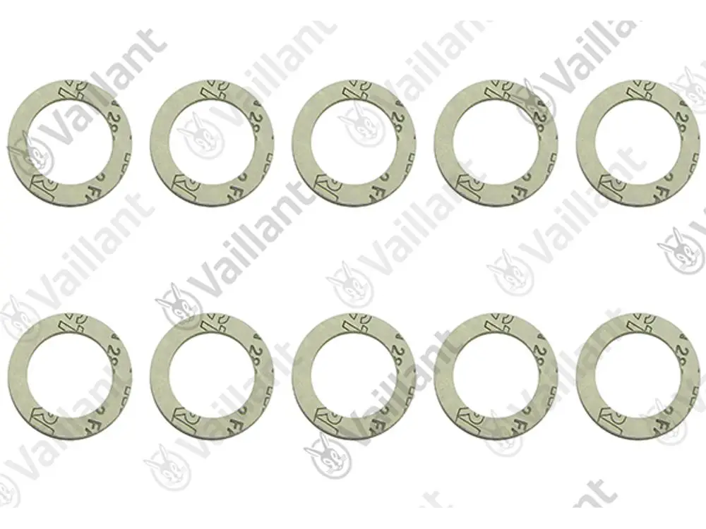 Vaillant Dichtungsringe, zehn Stück, in runder Form mit geprägtem Design, auf hellem Hintergrund angeordnet.